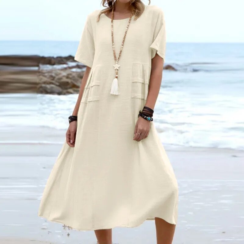 Round Neck Short Sleeve Linen Pocket Shift Midi Dress