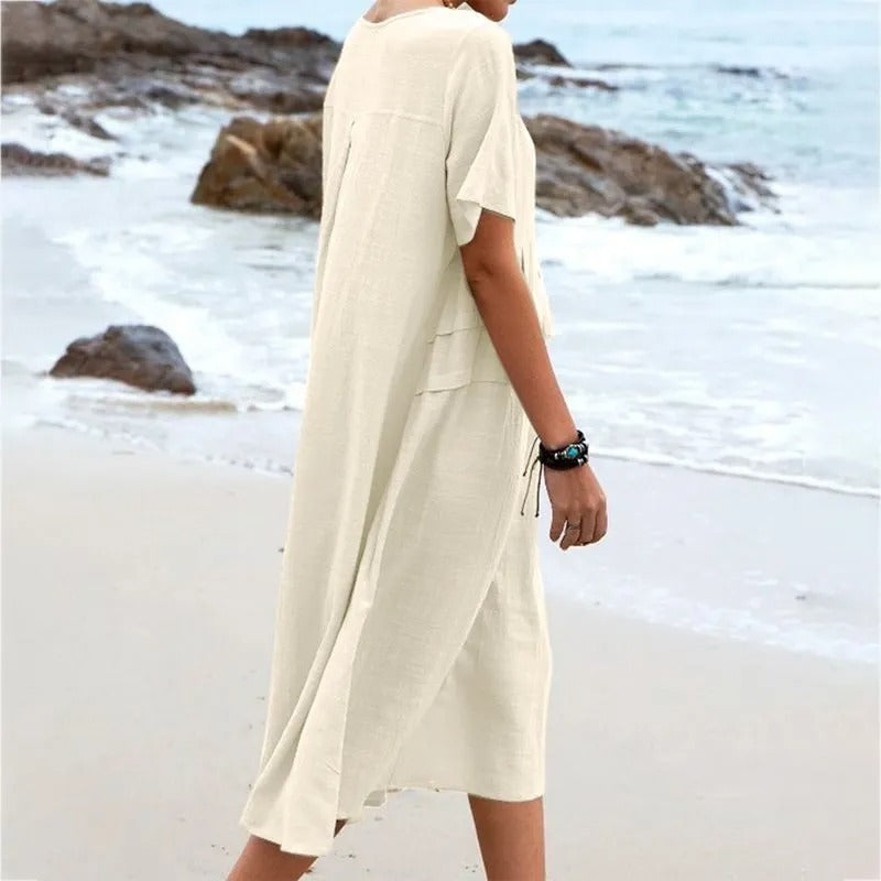 Round Neck Short Sleeve Linen Pocket Shift Midi Dress