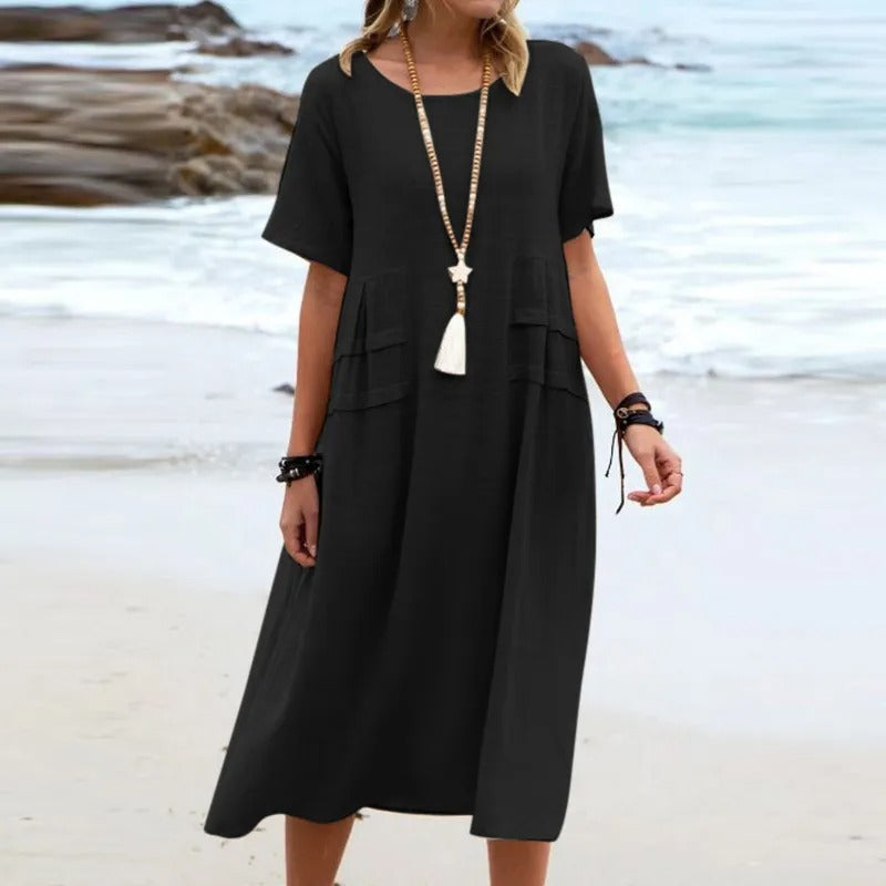 Round Neck Short Sleeve Linen Pocket Shift Midi Dress
