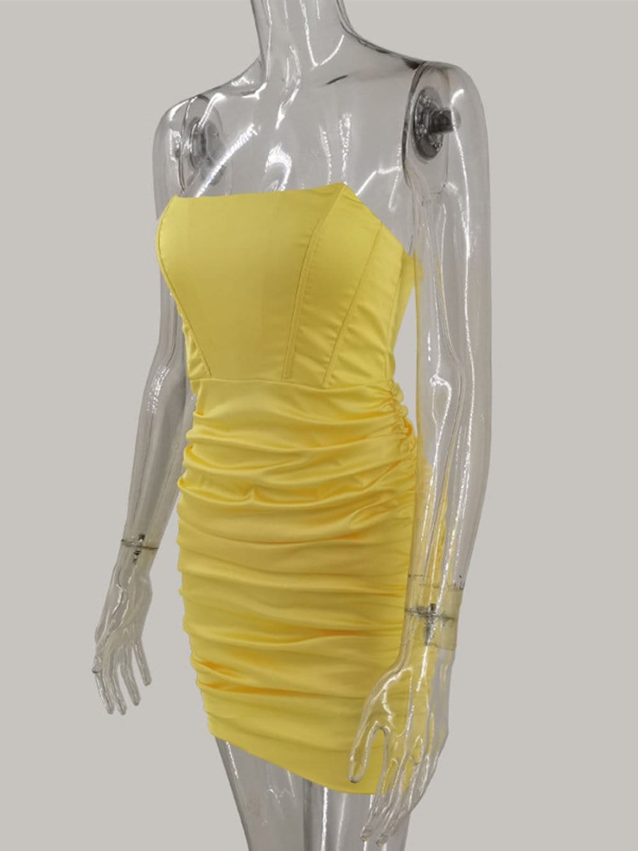 Strapless Corset Boned Ruched Satin Bodycon Mini Dress 11