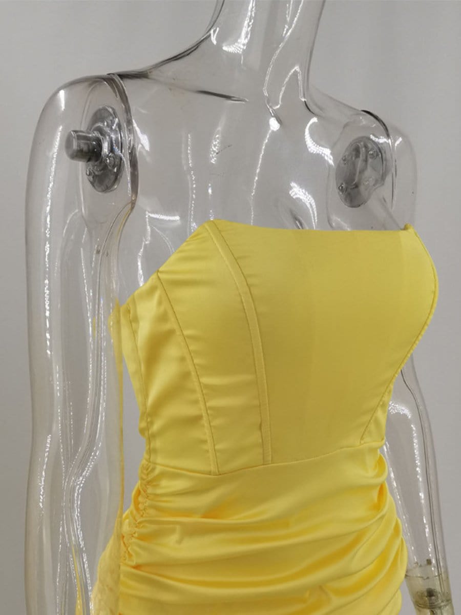 Strapless Corset Boned Ruched Satin Bodycon Mini Dress 14