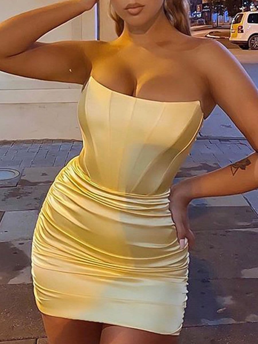 Strapless Corset Boned Ruched Satin Bodycon Mini Dress 5