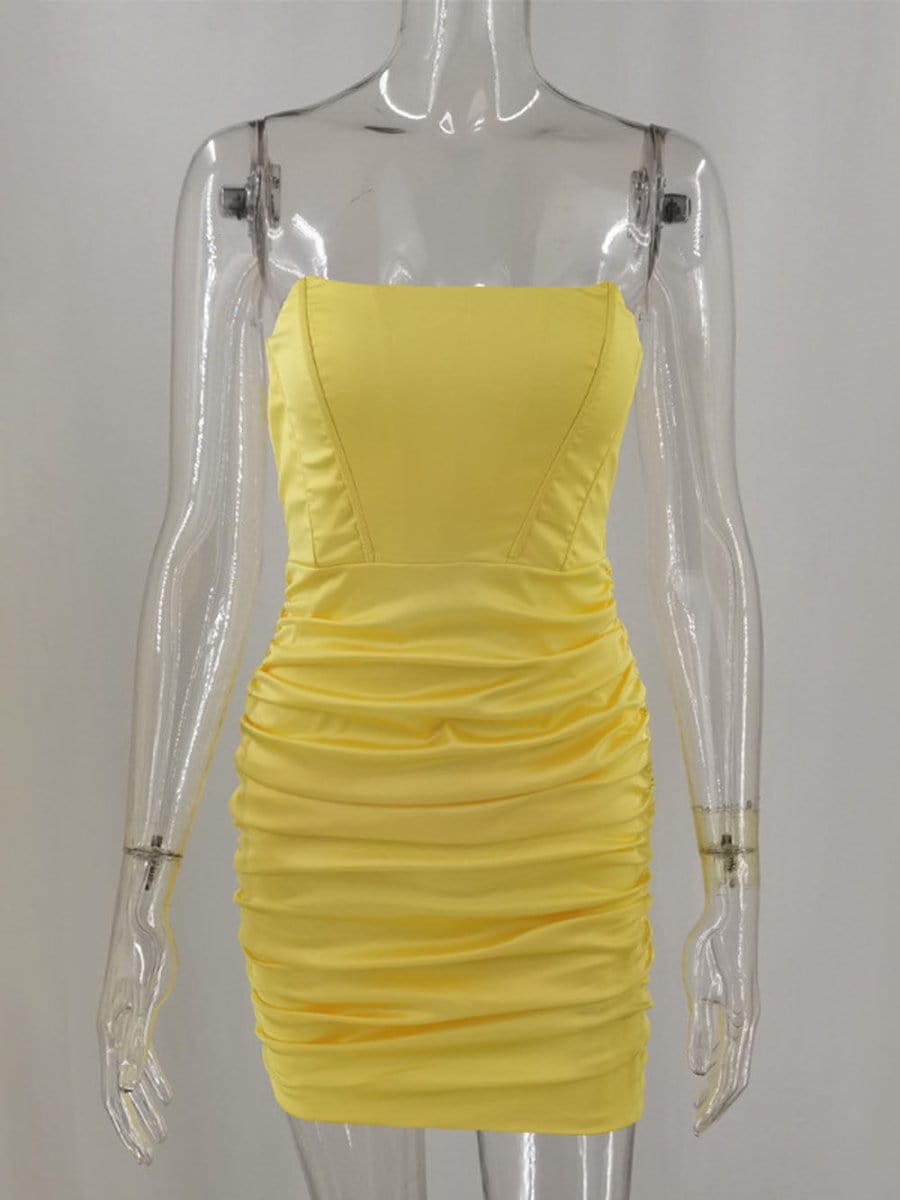 Strapless Corset Boned Ruched Satin Bodycon Mini Dress 10