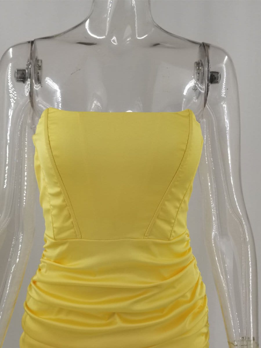 Strapless Corset Boned Ruched Satin Bodycon Mini Dress 15