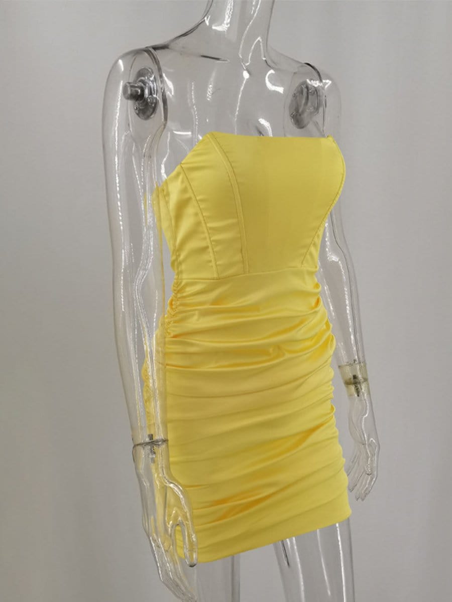 Strapless Corset Boned Ruched Satin Bodycon Mini Dress 13