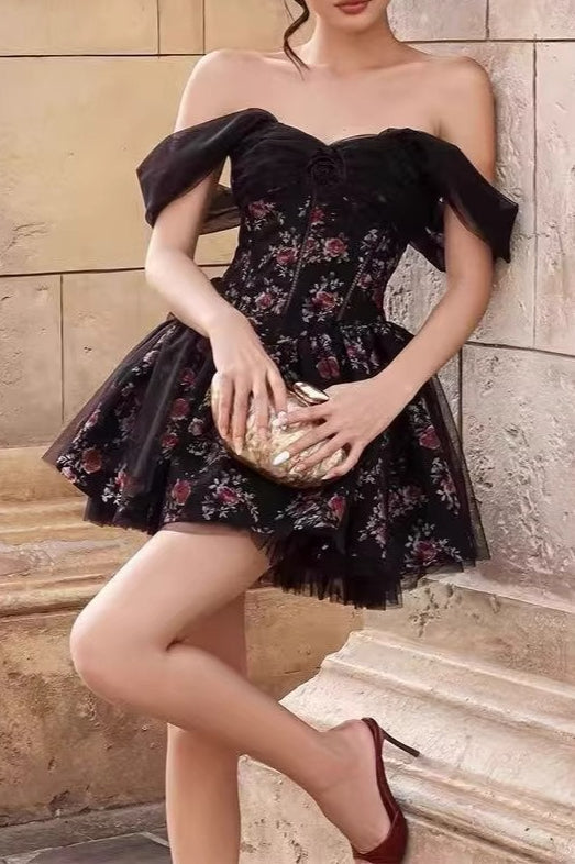 Black Off Shoulder Sweetheart Corset Floral Tulle Overlay Mini Dress 3