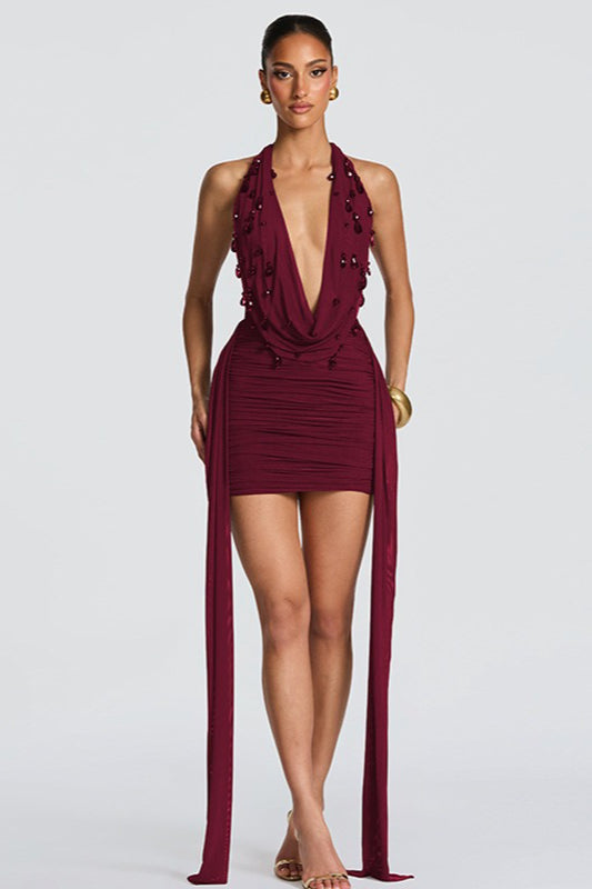 Deep V Halter Sash Teardrop Bodycon Party Dress