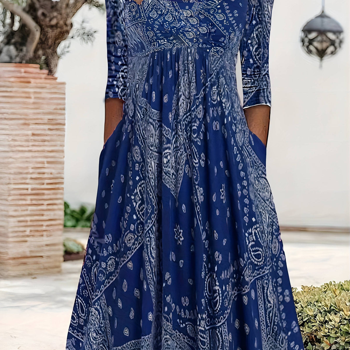 Square Neck Paisley Print Empire Waist Pocket Midi Dress 12