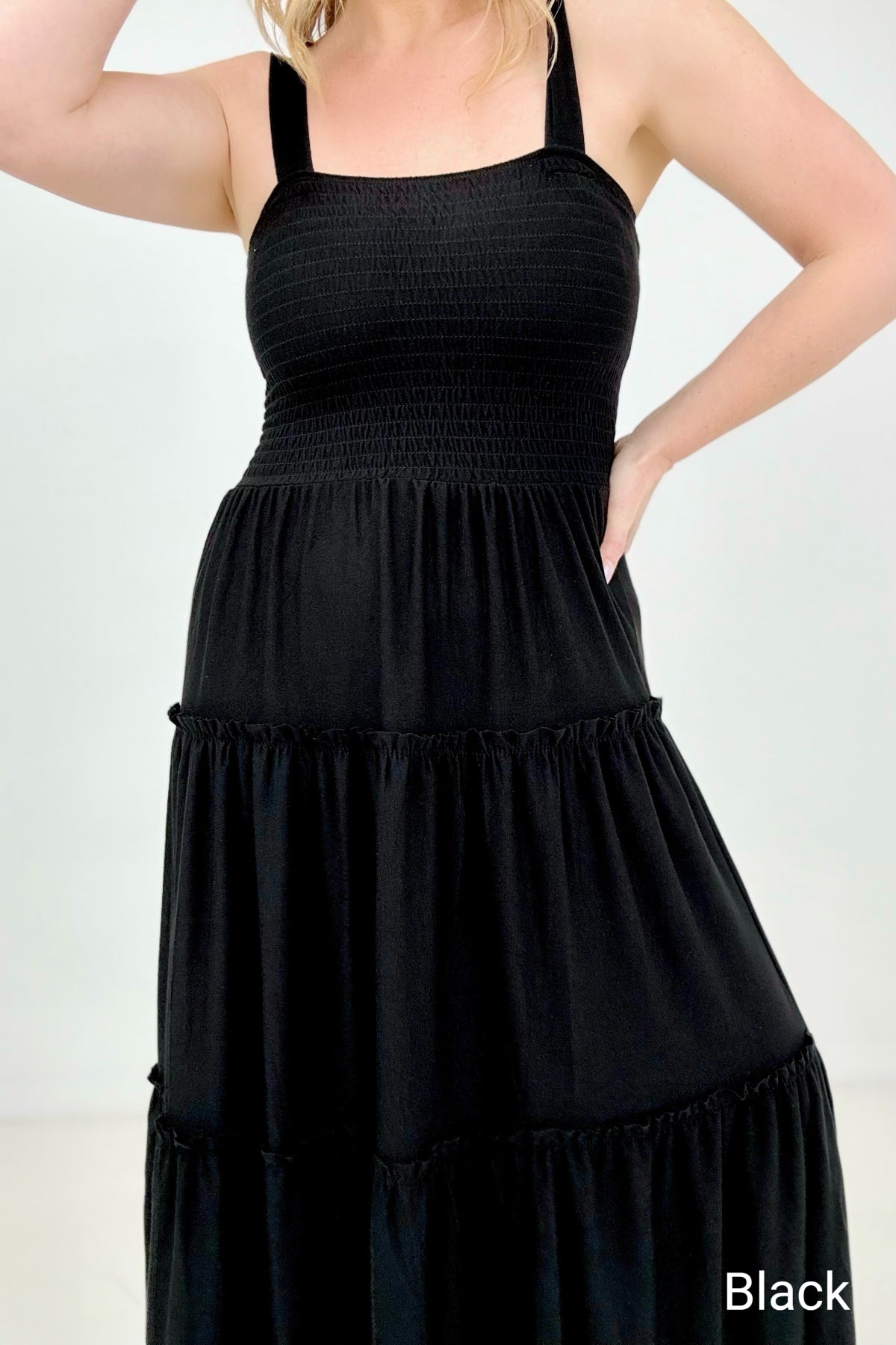 Square Neck Smocked Tiered A-Line Maxi Dress