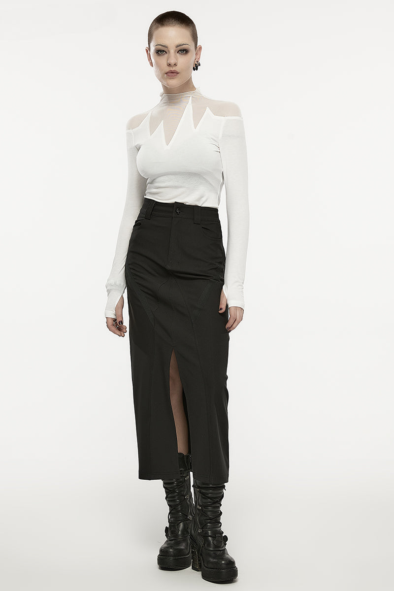 Women's Daily Vshaped Front Slit Aline Midlength Metal Engraved Snap Button Dark Skirt