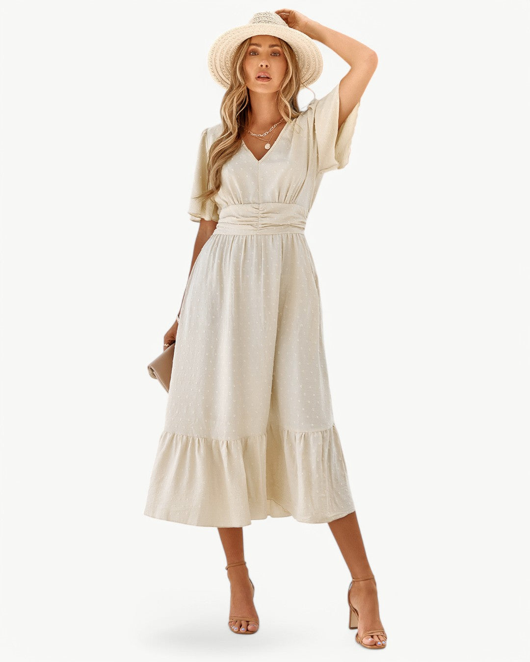 V-Neck Swiss Dot Flutter Sleeve Ruched Waist Tiered Midi Dress 2