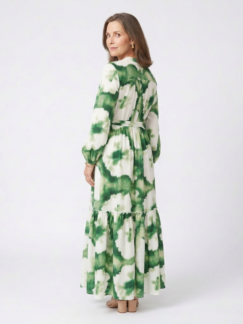 Floral Split Neck Tie-Dye Long Sleeve Tie Waist Tiered Maxi Dress