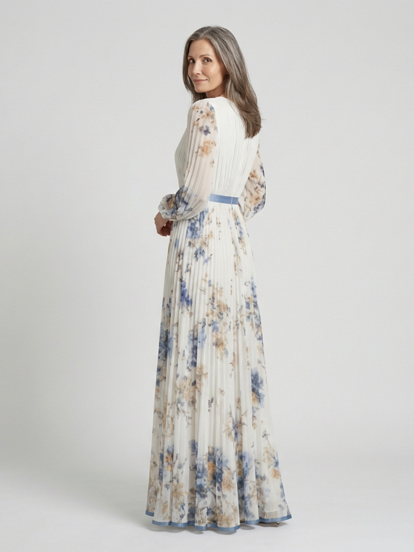 Floral V-Neck Floral Bishop Sleeve Pleated Chiffon Maxi Gown 4
