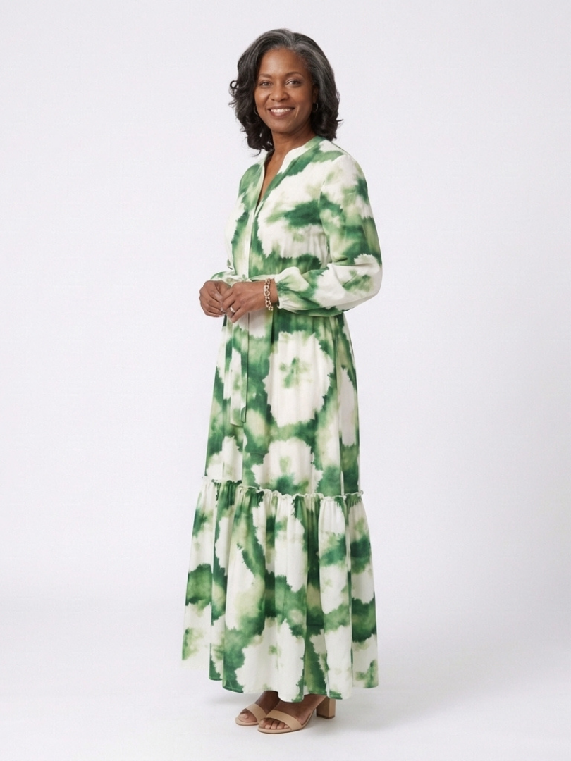 Floral Split Neck Tie-Dye Long Sleeve Tie Waist Tiered Maxi Dress