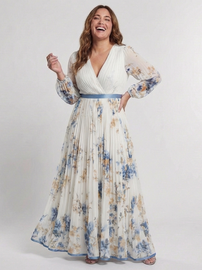 Floral V-Neck Floral Bishop Sleeve Pleated Chiffon Maxi Gown 2