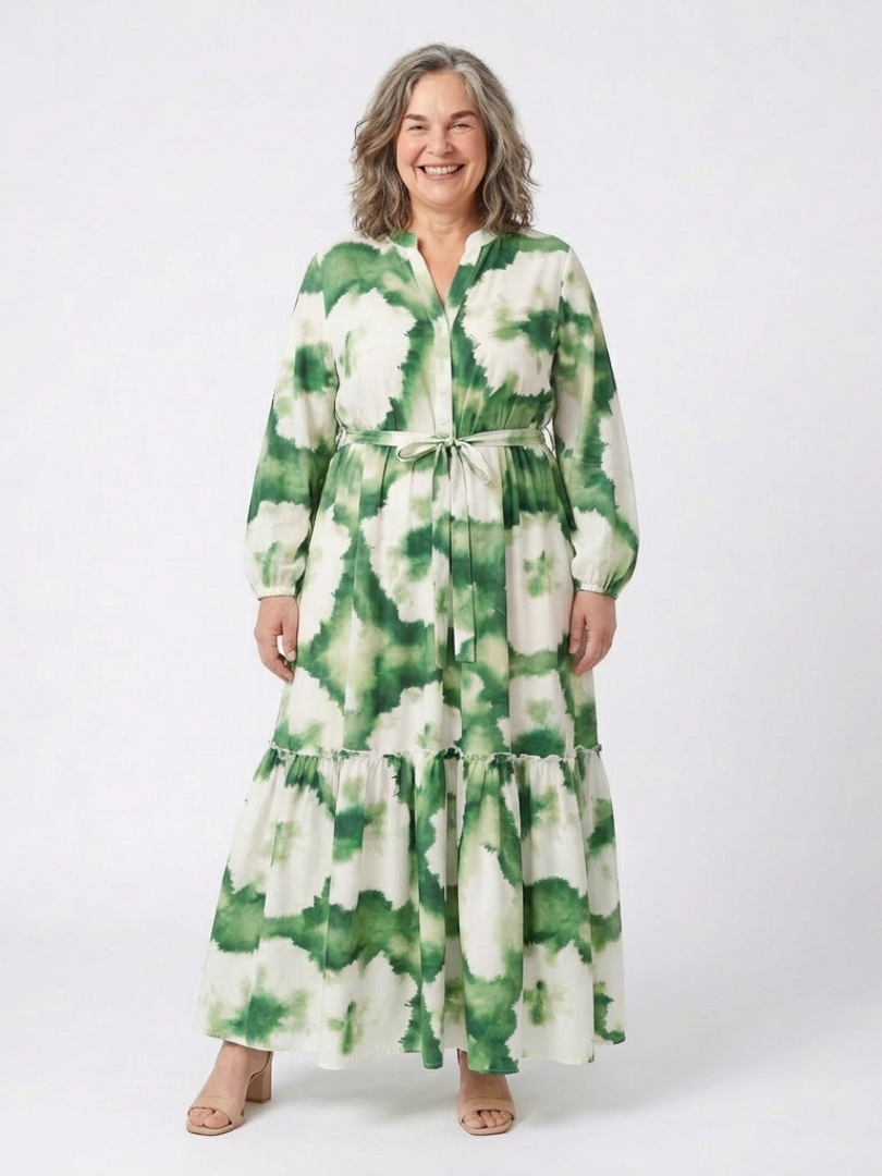 Floral Split Neck Tie-Dye Long Sleeve Tie Waist Tiered Maxi Dress