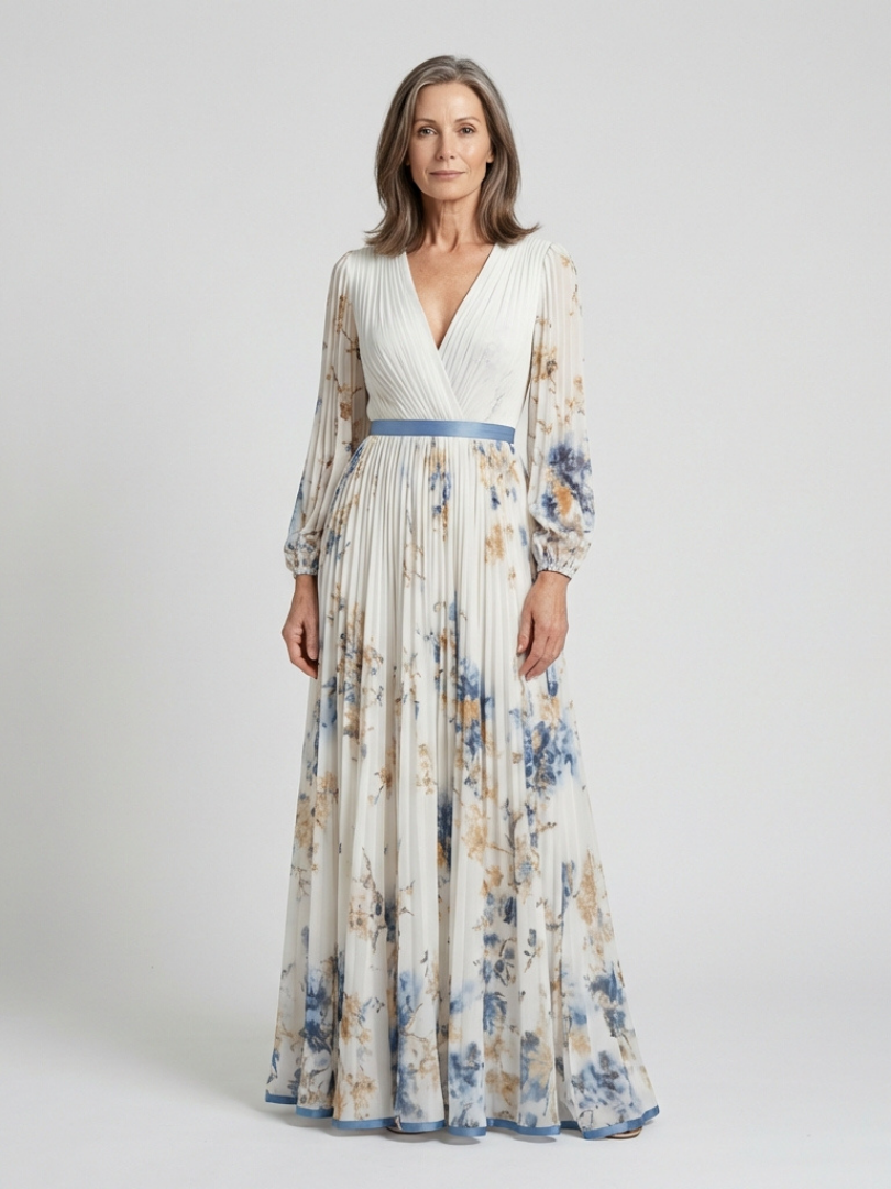 Floral V-Neck Floral Bishop Sleeve Pleated Chiffon Maxi Gown 3
