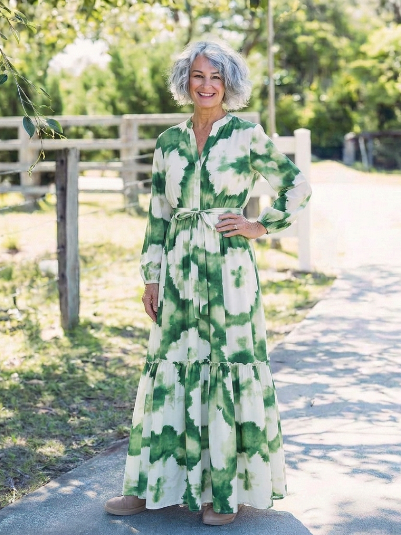 Floral Split Neck Tie-Dye Long Sleeve Tie Waist Tiered Maxi Dress