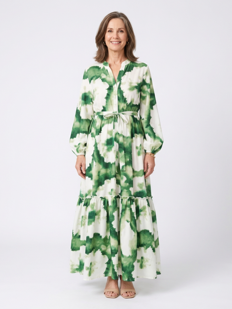 Floral Split Neck Tie-Dye Long Sleeve Tie Waist Tiered Maxi Dress