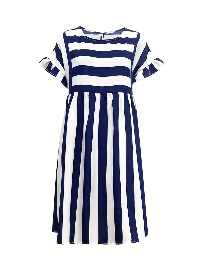 Navy Striped Summer Dress with Short Sleeves - M / Green - navy blue striped dress