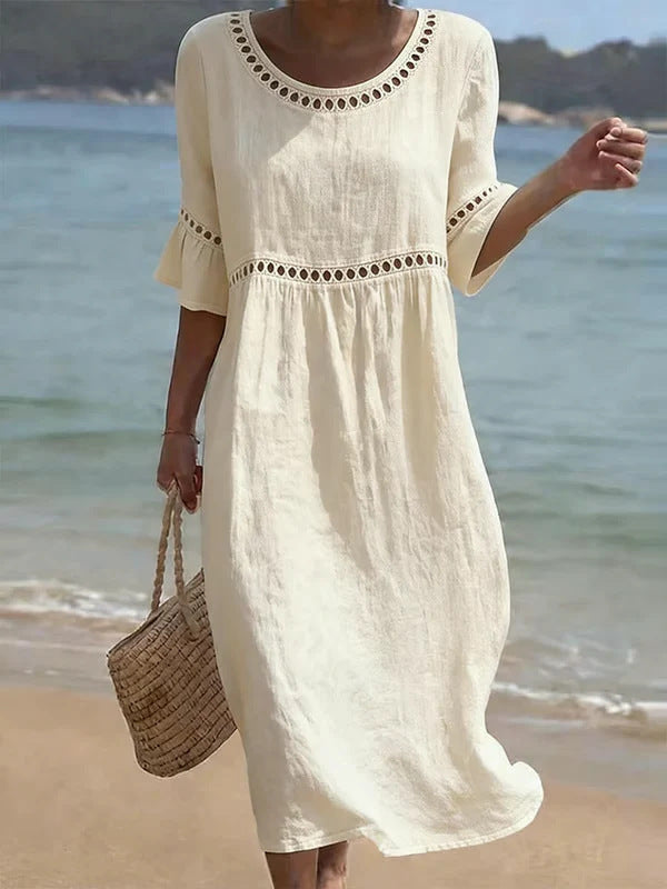 Round Neck Crochet Lace Trim Bell Sleeve Empire Waist Midi Dress 14