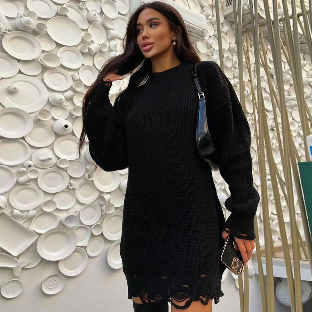 Black Round Neck Distressed Frayed Hem Long Sleeve Sweater Mini Dress