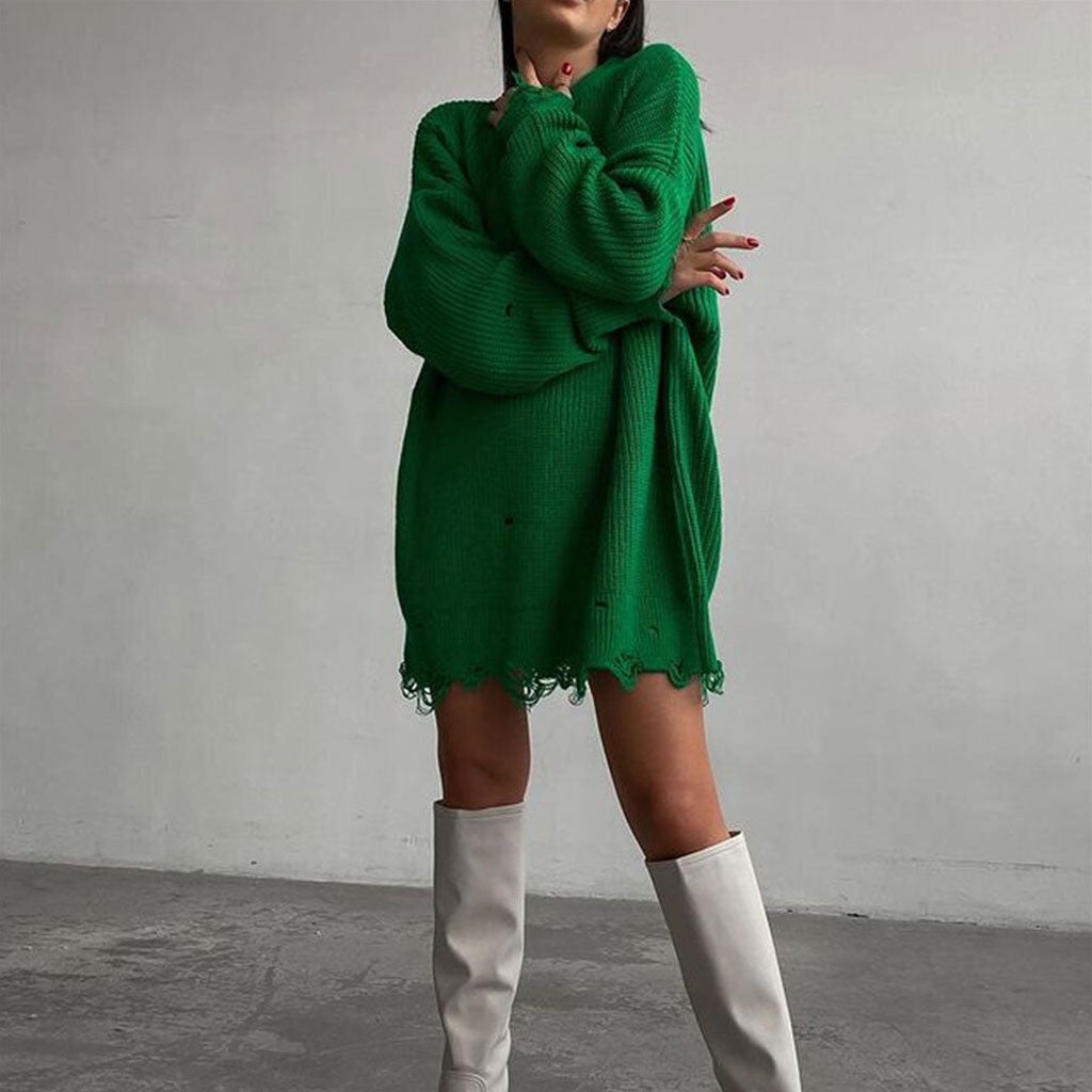 Emerald Green Round Neck Distressed Frayed Hem Long Sleeve Sweater Mini Dress