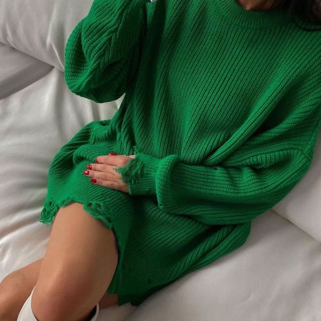 Emerald Green Round Neck Distressed Frayed Hem Long Sleeve Sweater Mini Dress