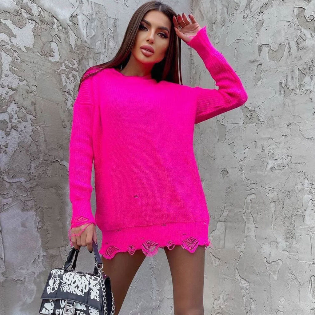 Rose Round Neck Distressed Frayed Hem Long Sleeve Sweater Mini Dress