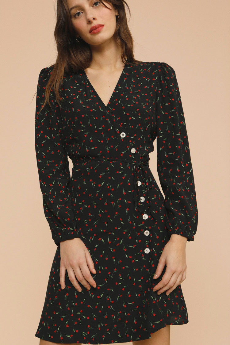 Black V-Neck Long Sleeve Ditsy Floral Button Front Belted Mini Dress