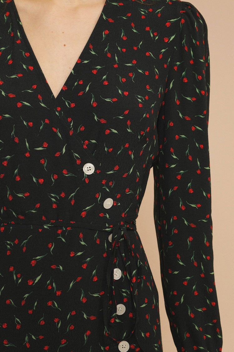 Black V-Neck Long Sleeve Ditsy Floral Button Front Belted Mini Dress