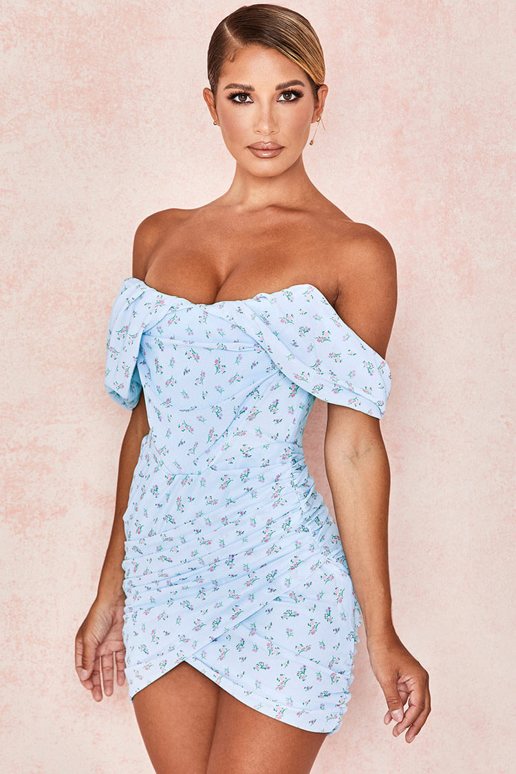 Light Blue Off-Shoulder Ditsy Floral Draped Corset Ruched Bodycon Mini Dress