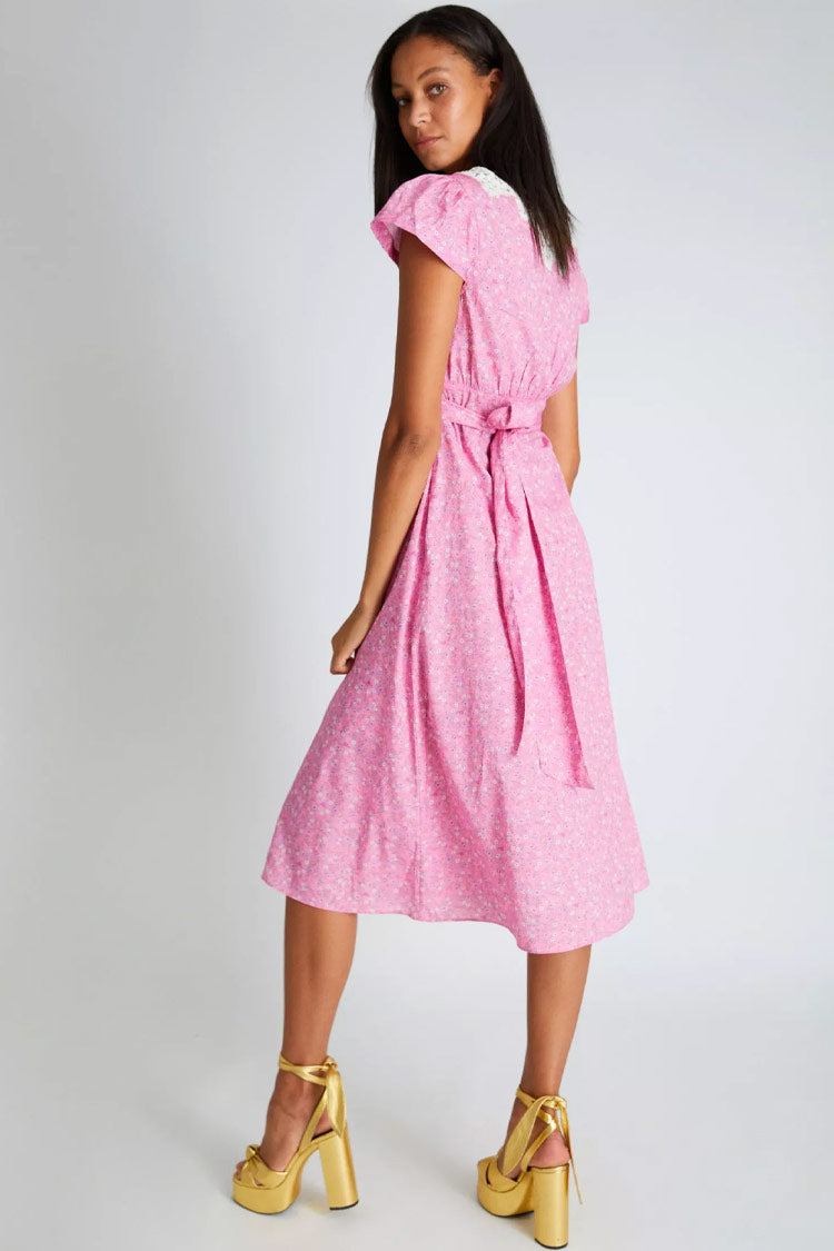 Pink V-Neck Lace Trim Ditsy Floral Flutter Sleeve A-Line Midi Dress