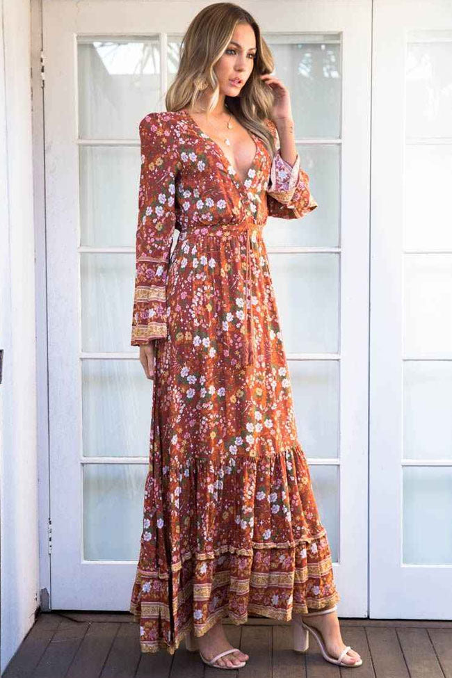 Burnt Orange V-Neck Floral Print Long Sleeve Tiered Boho Maxi Dress
