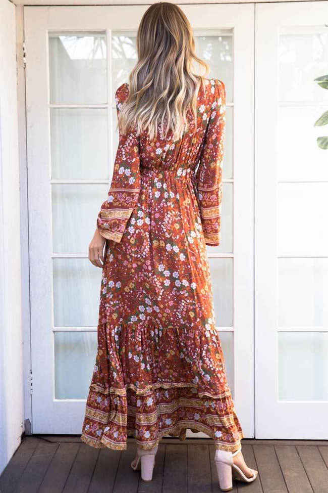 Burnt Orange V-Neck Floral Print Long Sleeve Tiered Boho Maxi Dress
