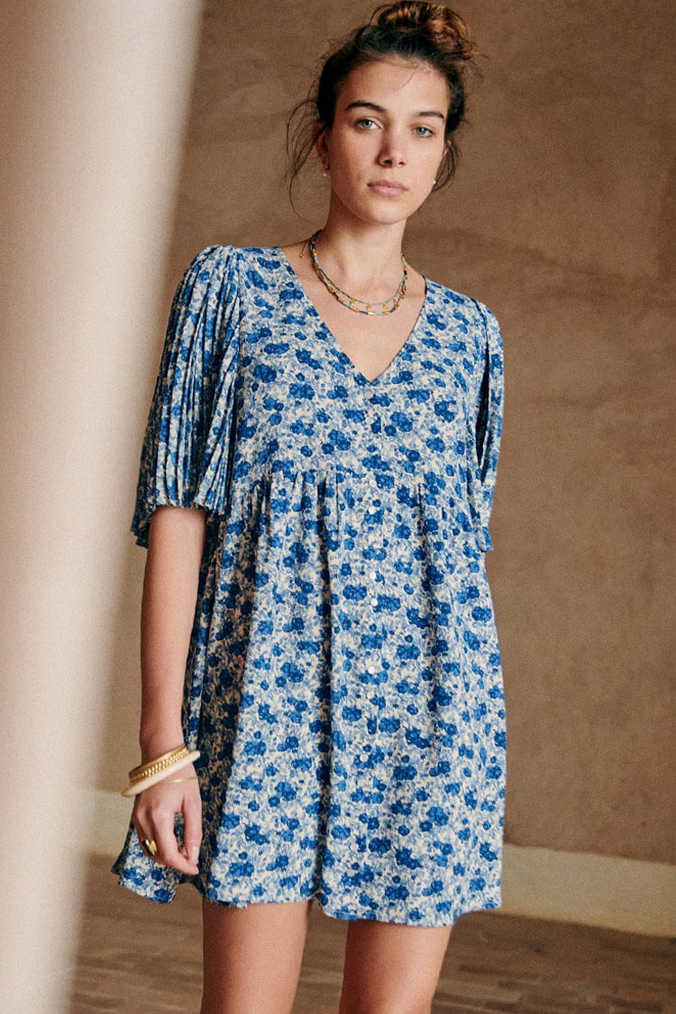 Blue V-Neck Ditsy Floral Pleated Sleeve Babydoll Mini Dress