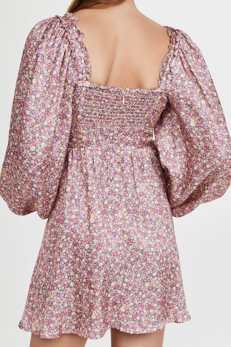 Pink Sweetheart Ruffle Puff Sleeve Ditsy Floral Babydoll Mini Dress