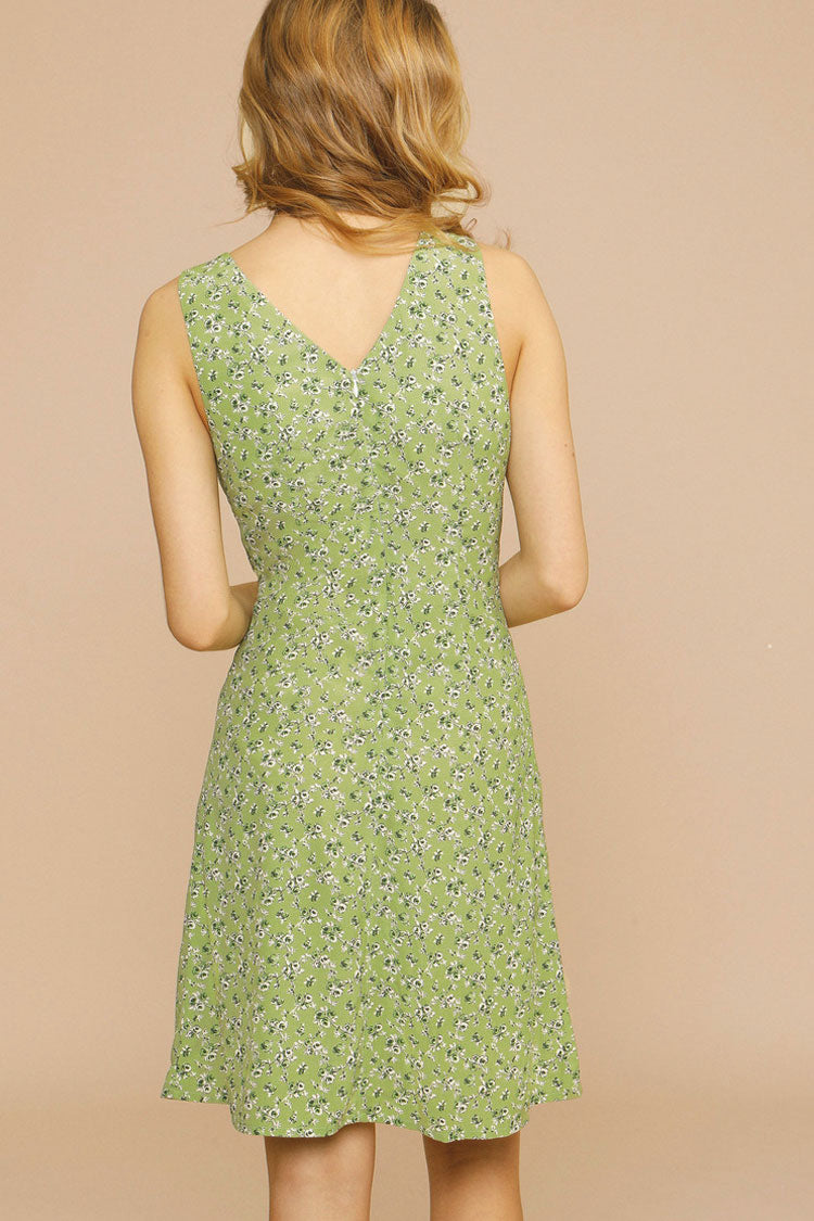 Sage Green V-Neck Ditsy Floral Print Sleeveless Sheath Mini Sundress