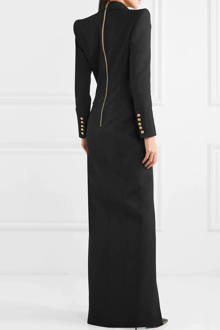Black Lapel Collar Double Breasted Gold Button High Slit Blazer Maxi Dress