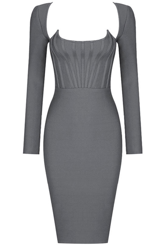 Gray Scoop Neck Long Sleeve Corset Bandage Bodycon Midi Dress