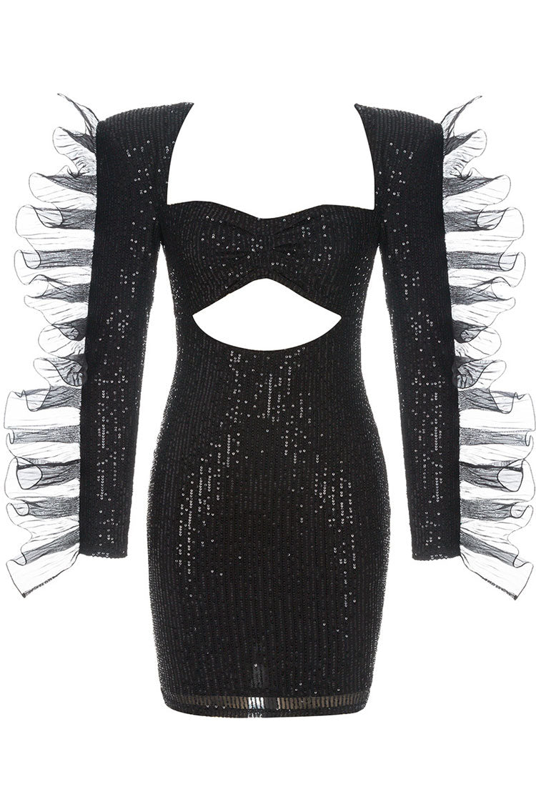 Black Square Neck Ruffle Shoulder Long Sleeve Cutout Sequin Mini Dress