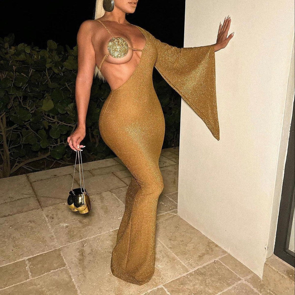 Gold Halter Rhinestone Bra Cup Glitter Bodycon Maxi Dress 7