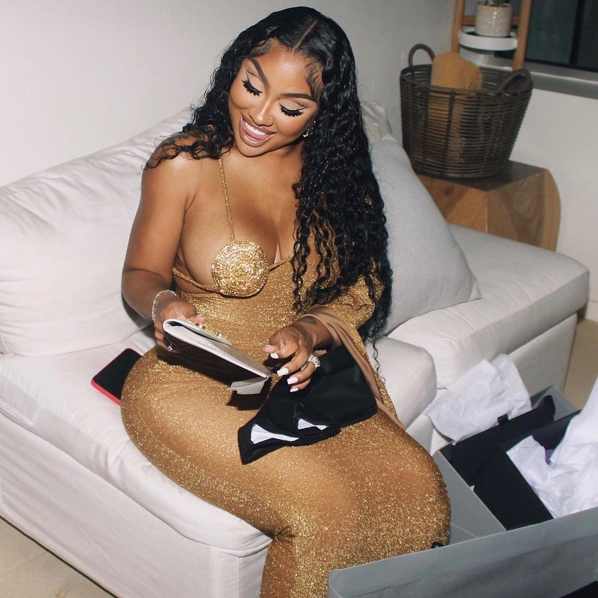 Gold Halter Rhinestone Bra Cup Glitter Bodycon Maxi Dress