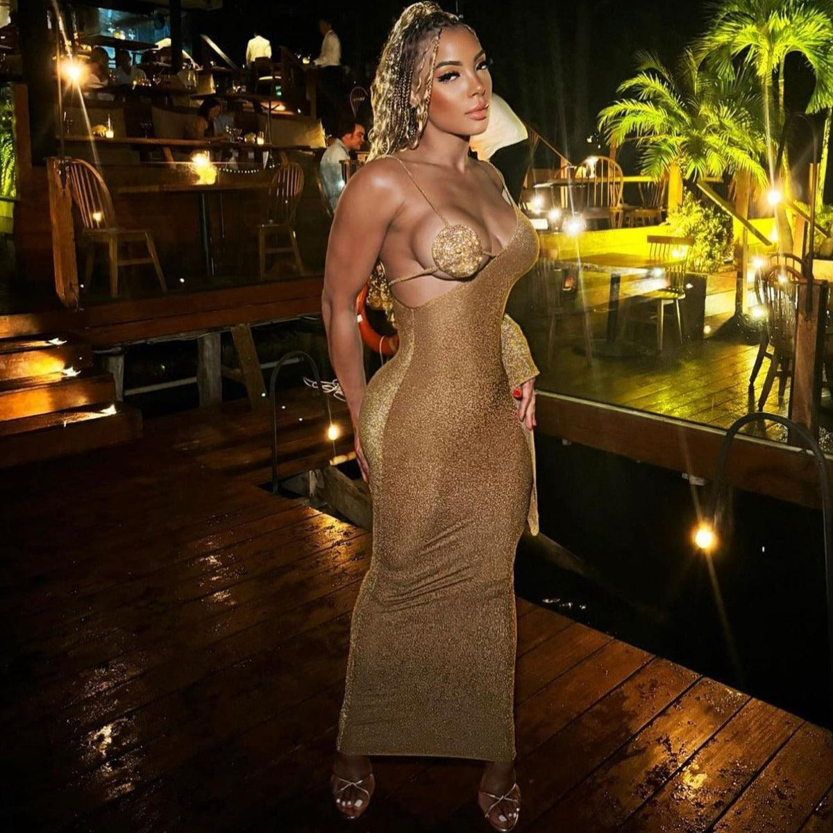 Gold Halter Rhinestone Bra Cup Glitter Bodycon Maxi Dress 5