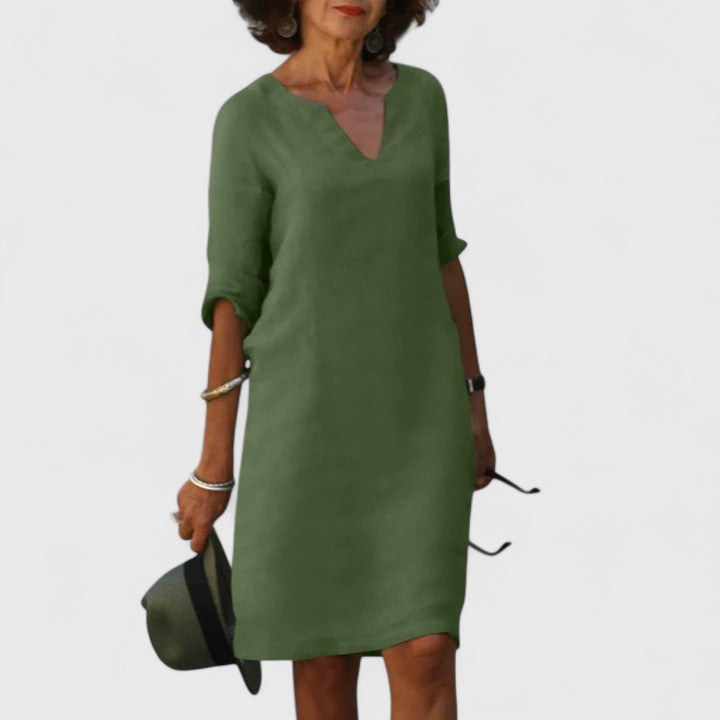 Split Neck Linen Roll-Tab Sleeve Pocket Shift Mini Dress 2