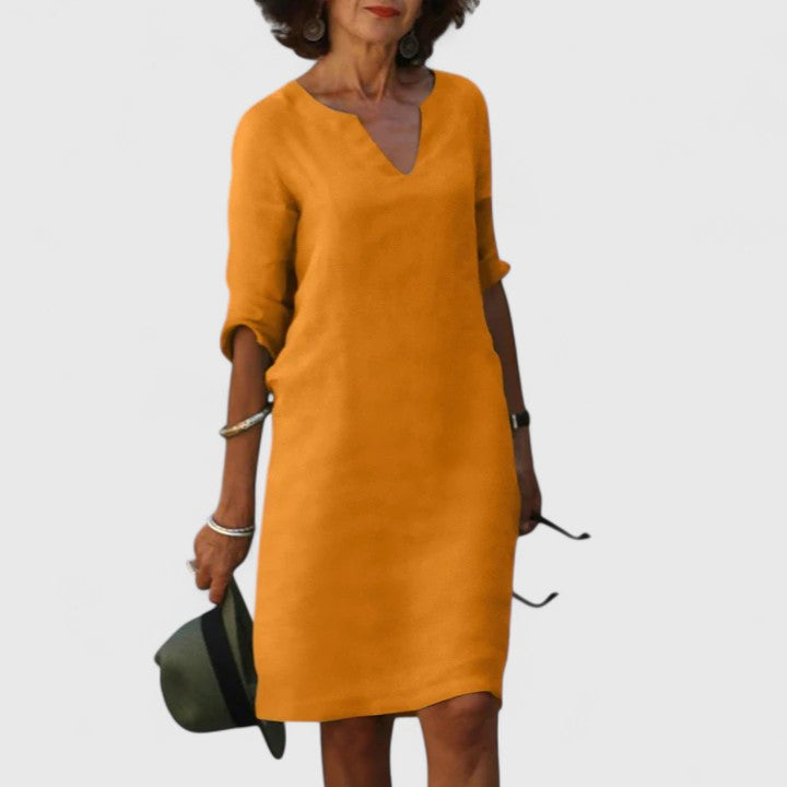 Notch V-Neck Roll-Tab Sleeve Linen Shift Midi Dress