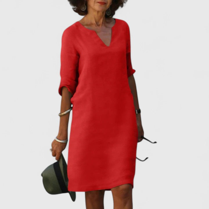 Notch V-Neck Roll-Tab Sleeve Linen Shift Midi Dress