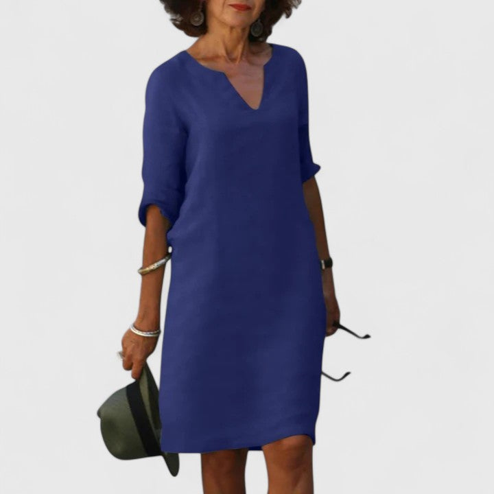 Notch V-Neck Roll-Tab Sleeve Linen Shift Midi Dress
