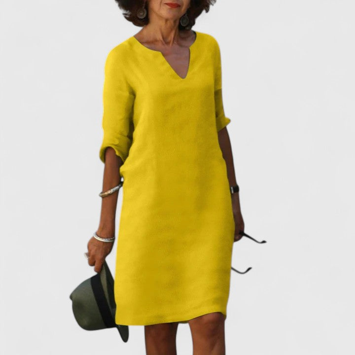 Split Neck Linen Roll-Tab Sleeve Pocket Shift Mini Dress 8
