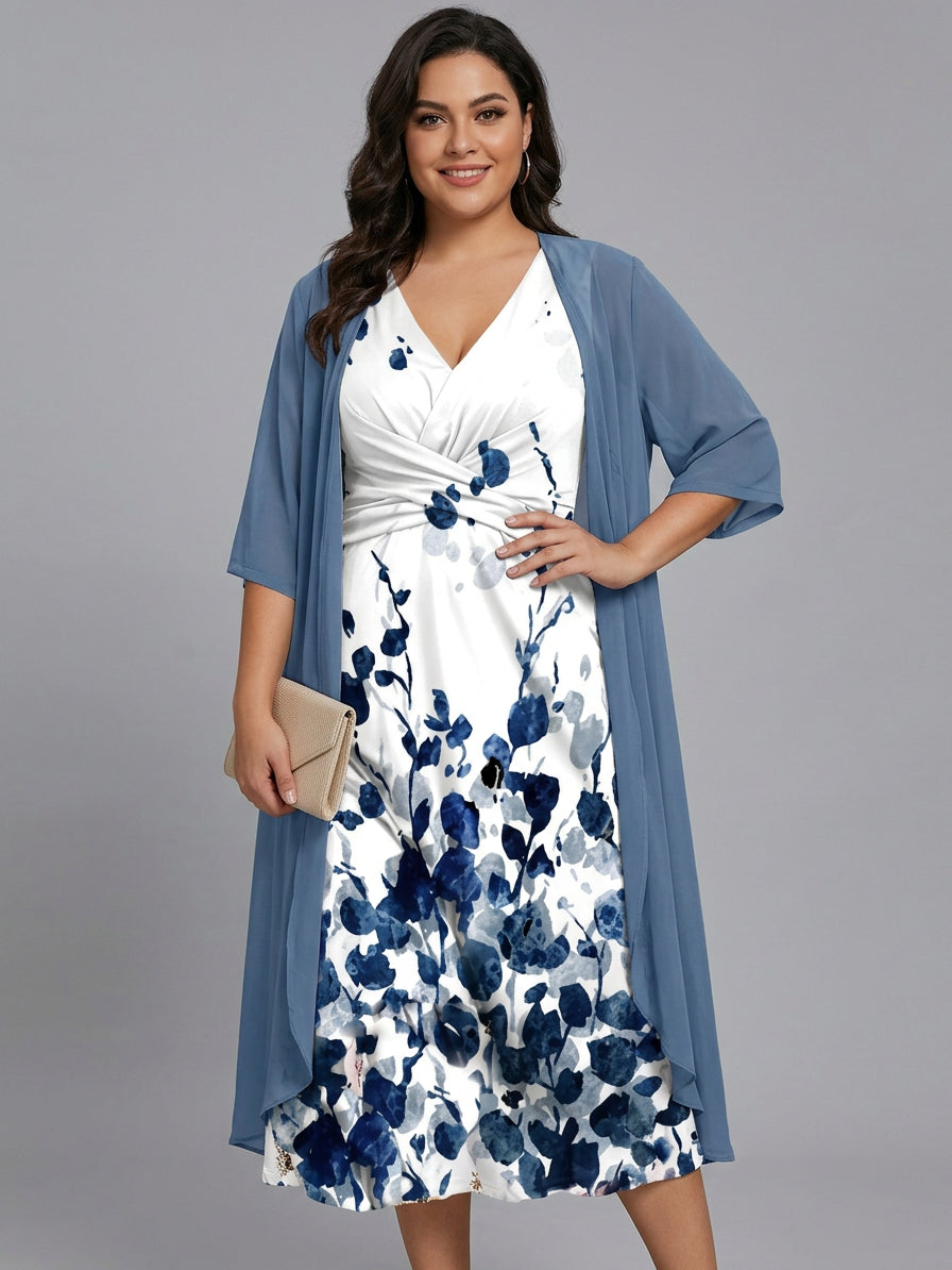 V-Neck Floral Twist Front Midi Dress Chiffon Cardigan Set